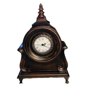 Brown Wood Quartz Mantel Clock Metal Face Footed  15”x 9” Decor Works Latch Back